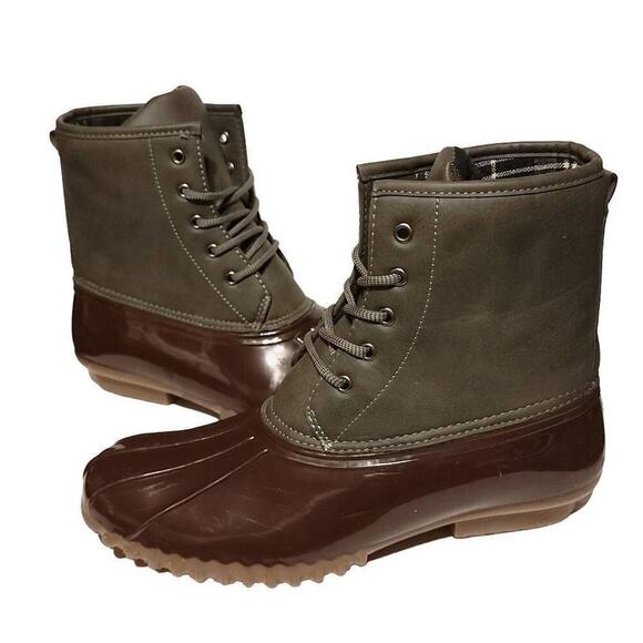 Charles Albert Duck Boots Size 11 Used Vegan Leather Green Brown Rain Womens - Picture 1 of 12